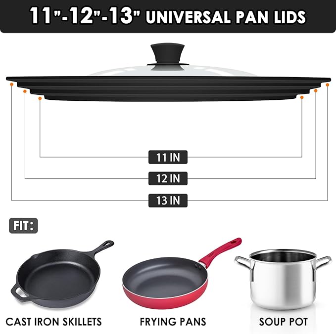 Universal Pan Lids, Silicone Pot lids for Pots, Pans & Skillets - Fits 11", 12" & 13" Diameter Cookware, Replacement Frying Pan lid, Dishwasher Safe (Black)