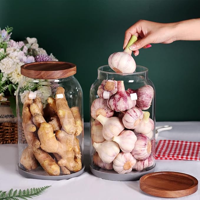 SAIOOL 1 Gallon Glass Jar with Wooden Acacia Airtight Lid,Large Glass Storage Jar set of 2, BPA-Free Cereal Dispenser Jars for flour,Spaghetti Pasta, Powder, Tea, Coffee