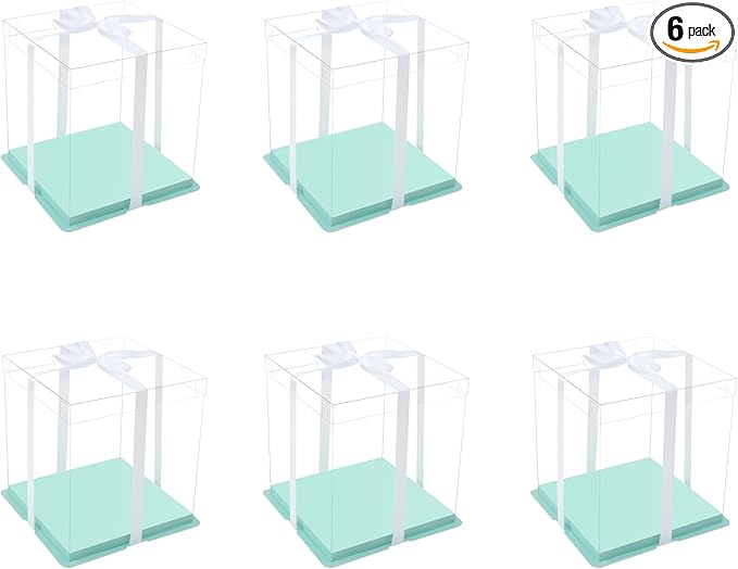 XININSUN 4inch clear cake box with ribbon,7x7x8inch small cake carrier,Bakery Take Out Transport Containers clear gift boxes for wedding,birthday,party(6pcs-green)