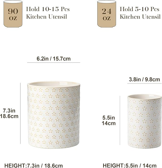 MALACASA LYDIA Ceramic Utensil Holders, 7.3"+5.5" Kitchen Utensil Crock Set for Countertop, Large & Small Utensil Organizers for Cooking Tools, Five-Leaf Grass Pattern