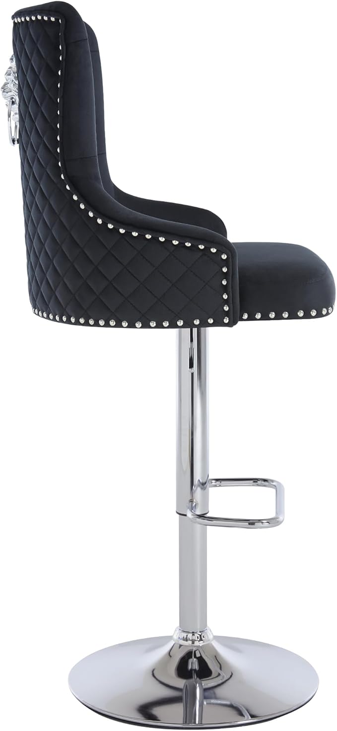 Velvet Barstools Set of 2, Modern Counter Height Adjustable Swivel Stools Chairs with High Tufted Backrest Chrome Base Lion Head Pull Ring Diamond Pattern Rivet Trim for Kitchen (Black)