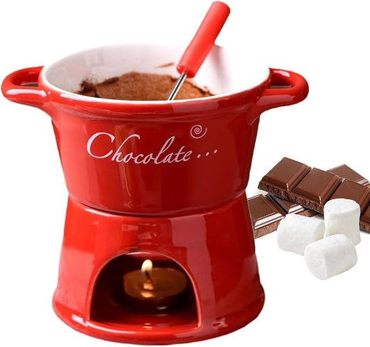 Chocolate Fondue Mug - 330 ml Ceramic Chocolate Melting Cup | Ceramic Personal Fondue Coffee Mug Warmer with Fork | Handmade Melting Butter Warmer for Appetizer Dessert Cheese (Red)