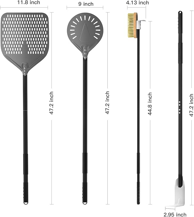 G.a HOMEFAVOR 4-Piece Pizza Oven Accessories, 12-Inch Perforated Pizza Peel, 9-Inch Round Turning Pizza Peel, Pizza Oven Cleaning Brush and Ash Rake for Professional Chef or Pizza Lover