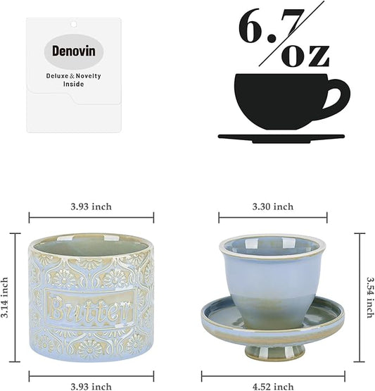 Butter Crock with Water Line, Ceramic Butter Keeper for Counter, French Butter Dish with Lid for Spreadable Fresh Butter (Pale Blue)