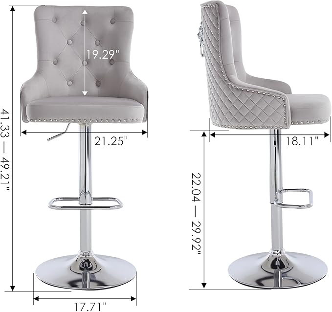 Velvet Adjustable Swivel Barstools Set of 2 with High Tufted Back, Modern Counter Height Stools with Chrome Base Footrest Pull Ring Rivet Trim for Kitchen, Dining Room, Pub (Grey)