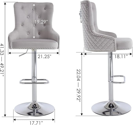 Velvet Adjustable Swivel Barstools Set of 2 with High Tufted Back, Modern Counter Height Stools with Chrome Base Footrest Pull Ring Rivet Trim for Kitchen, Dining Room, Pub (Grey)