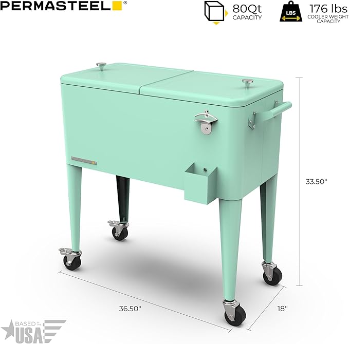 Permasteel 80 Quart Party Cooler, Rolling Ice Chest with Wheels and Handles for Indoor Outdoor Patio