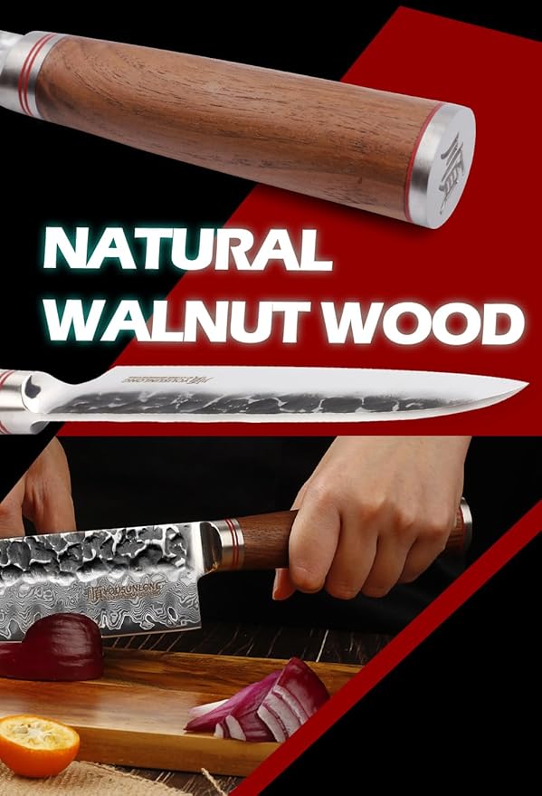 YOUSUNLONG Santoku Knives 7 inch Professional Chef Knife Asian knife Japanese Hammered Damascus Steel Natural Walnut Wooden Handle
