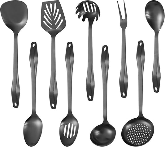 304 Stainless Steel Kitchen Utensil Set - 9pcs Cooking Utensils, Metal Kitchen Utensil Spatula Sets Cookware,High temperature resistance Kitchen Tool Set for Hanging Dishwasher Safe(Black)
