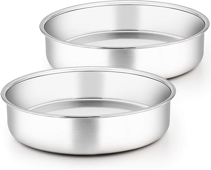 TeamFar 9½ Inch Cake Pan, Round Tier Cake Pans Set Stainless Steel for Baking Steaming Serving, Perfect for Birthday Wedding Celebrations, Healthy & Sturdy, Mirror Finish & Dishwasher Safe - Set of 2