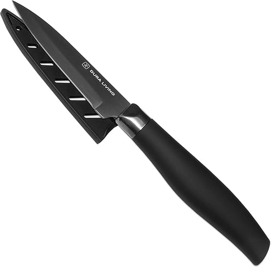 Paring Knife - 3.5 Inch Black Nonstick Titanium Plated Stainless Steel Ultra Sharp Blade, With Ergonomic Comfort Grip Handle Kitchen Knife, With Matching Sheath
