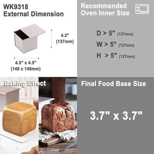 CHEFMADE Mini Pullman Loaf Pan with Lid, 0.55Lb Dough Capacity Non-Stick Rectangle Corrugated Toast Box for Oven Baking 3.9" x 3.9"x 3.9"(Champagne Gold)