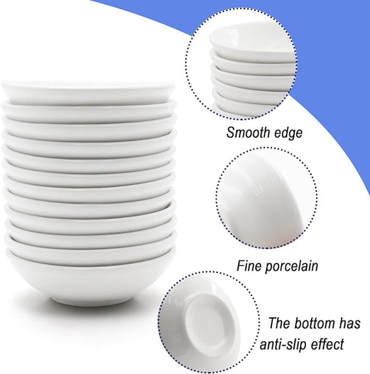 12 Pack 1.2 Oz White Soy Sauce Dish Ceramic Dip Bowl Set, Mini Dip Sauce Bowl Set, Ceramic Mini Soy Sauce Plate, Porcelain Side Dish for Ketchup Sauce Plate, Soybean, BBQ, Party