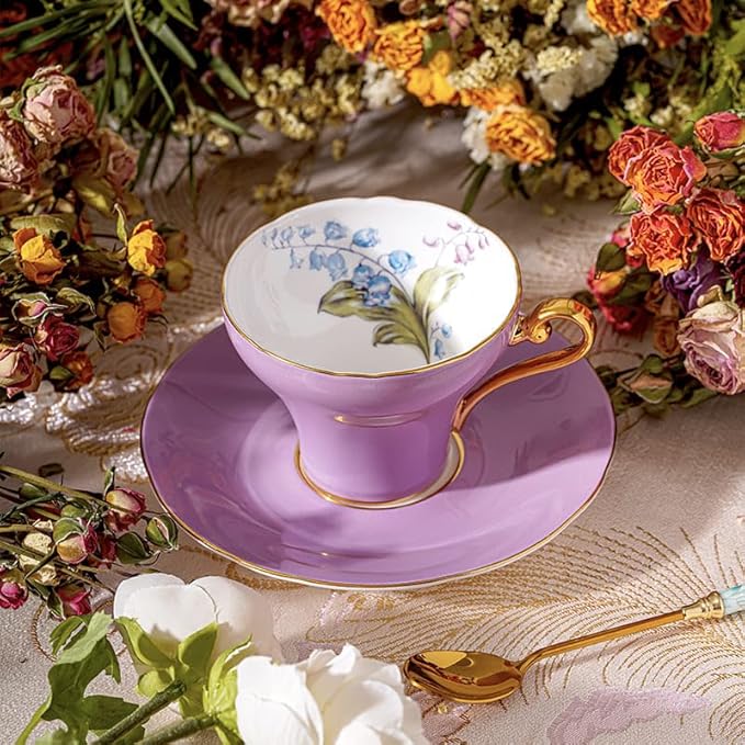 Aynsley Handpainting Colored Glaze Lily of the Valley Corset Fine Bone China English Tea Cup and Saucer Set, 6.1 oz (Purple)