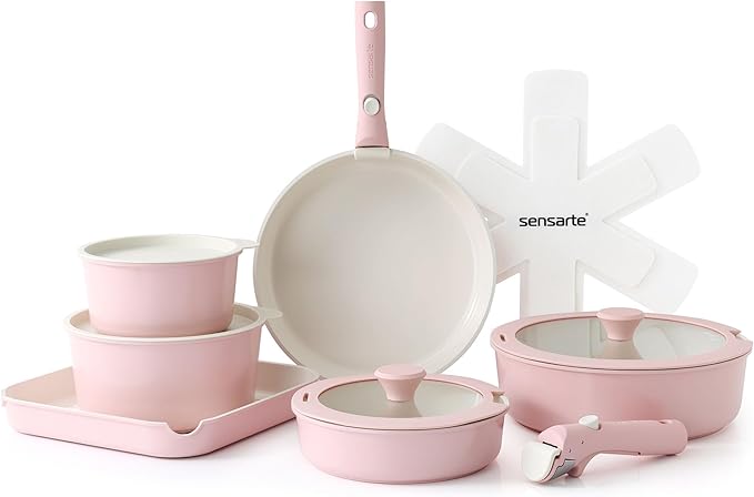 SENSARTE 17 Piece Ceramic Pots and Pans Set, Nonstick Detachable Handle Cookware, Induction Kitchen Cookware Set with Removable Handle, Dishwasher & Oven Safe (Pink)