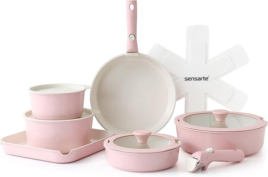 SENSARTE 17 Piece Ceramic Pots and Pans Set, Nonstick Detachable Handle Cookware, Induction Kitchen Cookware Set with Removable Handle, Dishwasher & Oven Safe (Pink)