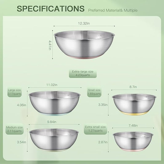 Stainless Steel Mixing Bowl Set - High - Quality, Durable and Rust - Resistant for Baking, Cooking, and Salad Making,Kitchen meal preparation,Great for Mixing & Serving,Anti slip silicone rubber base