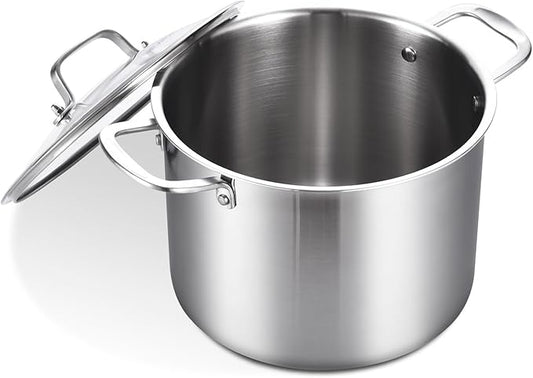 12-QT Stock Pot with Lid, Tri-Ply Stainless Steel for High Heat, Crock for Simmering, Clear Glass Lid, Double Handles, Dishwasher Safe