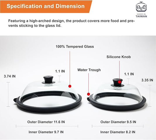 OEC Lightweight Tempered Glass Lid with Water Inlet – Food Splatter Cover, Food-Grade & BPA-Free, Fits Most Plates and Bowls (9.5 inches + 11 inches)
