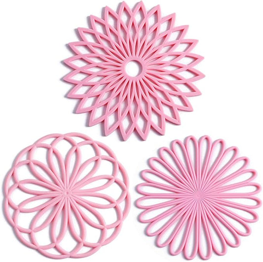 Set of 3 Silicone Trivet Mat - Table & Countertop Hot Pads - Non-Slip & Heat Resistant Modern Kitchen Pads for Pots & Pans, Pink
