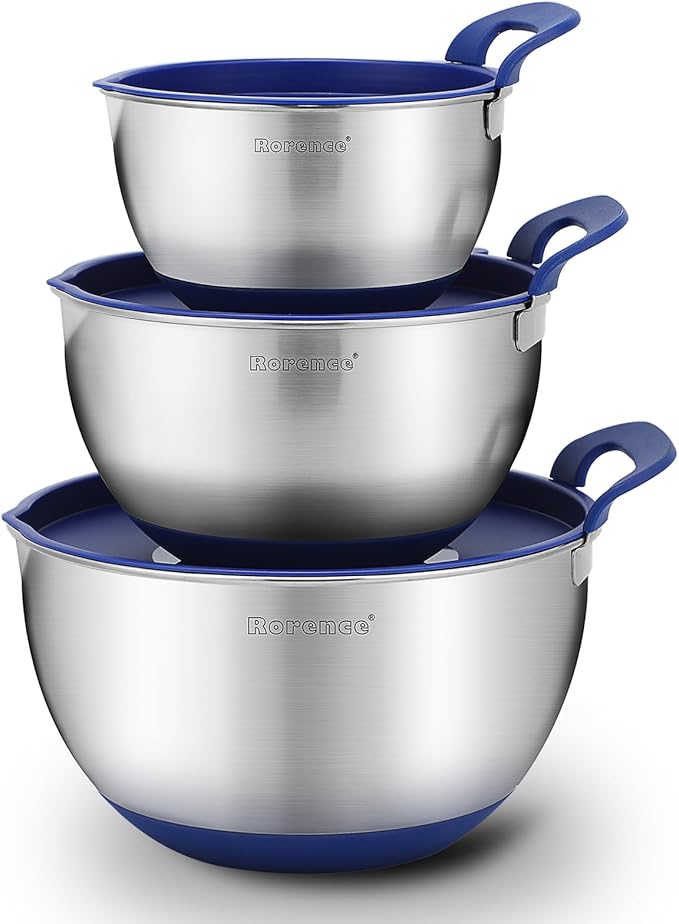 Rorence Stainless Steel Mixing Bowls: Stackable Mixing Bowl Set with Lids and Handles Non-slip Silicone Bottom Nesting Bowls for Kitchen Set of 3 - Blue