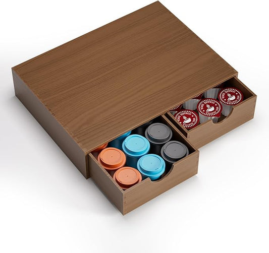 Wooden K Cup Holder - Coffee Pod Storage Drawer Tea Box, K Pod Organizer Coffee Maker Machine Stand, Kcup Holder for Counter, 30 Pod Capacity, Brown
