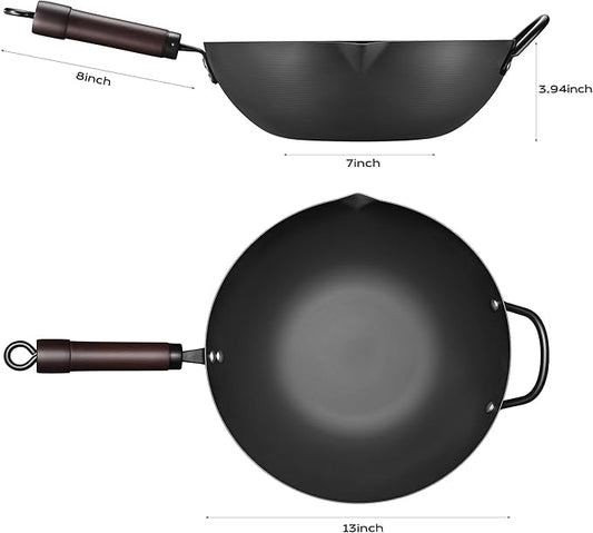 Wok, 13 Inch carbon steel woks with steamer & stir-fry pans nonstick, Pre-Seasoned 5.8QT Flat Bottom Chinese Wok Pan with lid, Carbon Steel Cookware, Compatible with All Cooktops