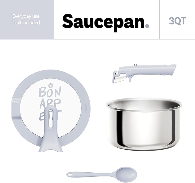 CAROTE Stainless Steel Sauce Pan with Detachable Handle, 4pcs Stainless Steel Pot, 3QT Saucepan with Lid, Non-Toxic Induction Kitchen Cookware, Stand-Up Lid, Oven Safe, Blue