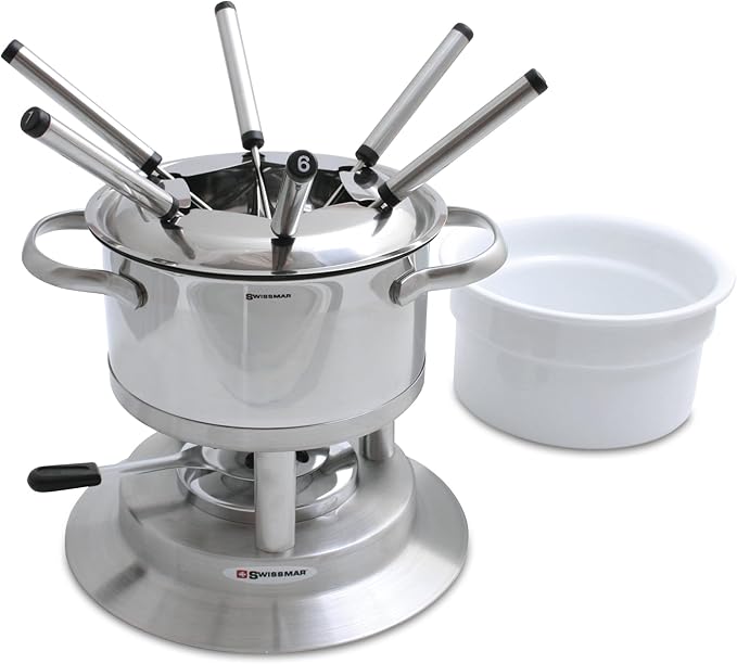 Swissmar Arosa 11-Piece Stainless Steel 3-in-1 Fondue Set - Ideal for Melting Cheese, Chocolate, Butter, & More - Perfect for Kitchen Collection & Wedding Gift Giving - 1.6 Quarts / 1.5 Liter