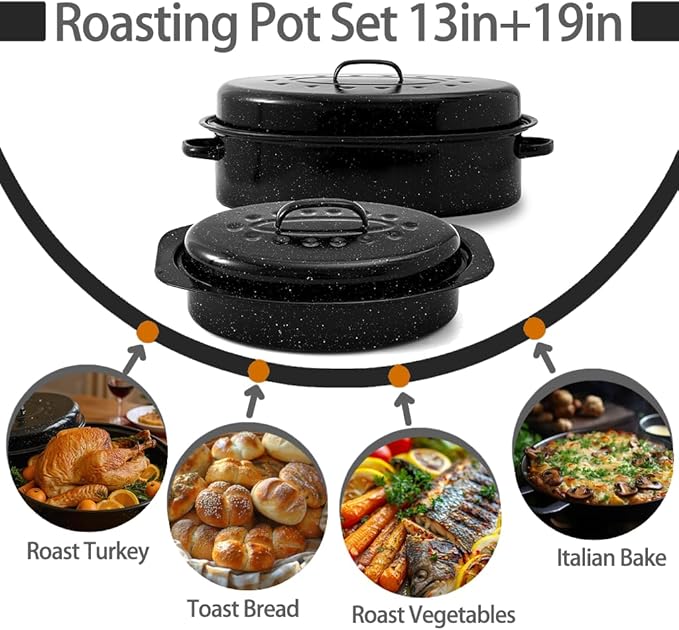 Enamel Roaster Pan With Lid and Rack Set 13"19"Granite Roasting Pans, Oval Large Turkey Baking Pan Suitable for Cooking 20lb Poultry and Beef Resists up to 932°F Oven Cookware