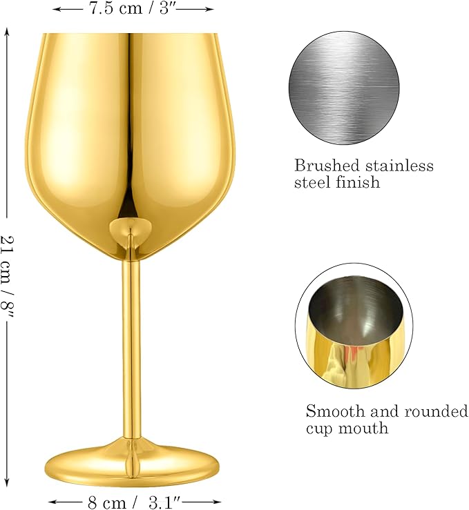 Stainless Steel Wine Glasses Set of 2, 18 oz Unbreakable Gold Wine Glass Unique Metal Wine Goblets for Outdoor Capming and Pool Gift for Wine Lovers