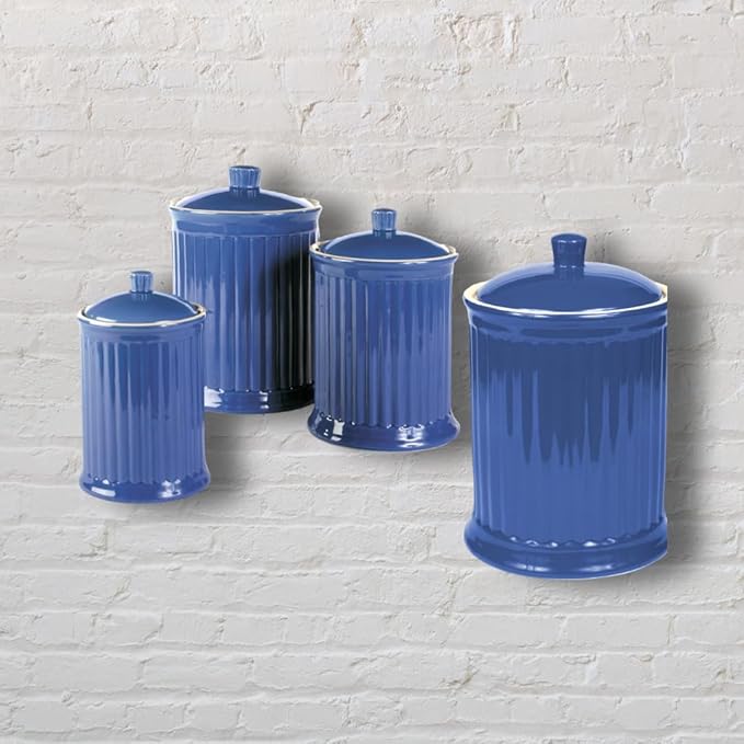 Omniware Simsbury 4-Piece Canister Set - Ceramic Storage Jars with Airtight Lids, Lead-Free Glaze, Dishwasher Safe - Vintage-Inspired Kitchen Containers for Flour, Sugar, Coffee (Simply Blue)