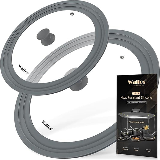 Universal Lid for Pots, Pans and Skillets - Walfos Tempered Glass Pan Lid with Heat Resistant Silicone Rim, BPA Free Large Pot Lids Fits 7" to 12" Diameter Cookware, Dishwasher-Safe, Grey