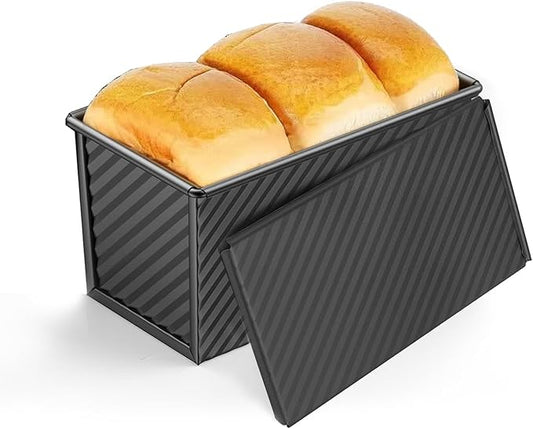 Pullman Loaf Pan with Lid, 9x4 inch (1 lb Dough Capacity), Non-Stick Sandwich Bread Loaf Pan for Homemade Baking Bread,Black-Carbon Steel