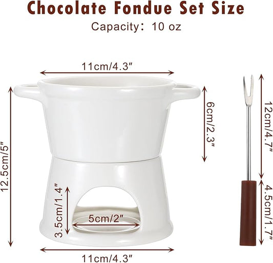 300ML Ceramic Butter Warmer Set with 2 Forks, White Fondue Pot Melting Pot Set, Melt Hot Pot Bowl Set for Cheese Chocolate Butter Caramel