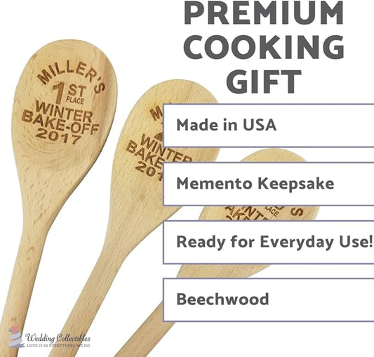 Custom Engraved Bake Off Prizes 14in Wooden Spoons (Set of 3) | Personalized Baking Prizes | Perfect Cookie & Pie Contest Trophies | Personalized Baking Trophy