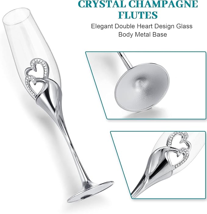 Elegant Wedding Champagne Flutes and Cake Knife Set, Features Rhinestone Rimmed Toasting Glasses and Cake Cutting Server for Couple’s Special Day (Silver)