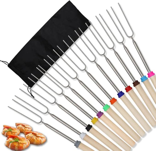 12 Pcs Marshmallow Roasting Sticks, BetterJonny 31cm - 82cm Long Extendable Fork Smores Sticks with Wooden Handle Stainless Steel Forks BBQ Tools with Black Storage Bag for Barbecue, Camping, Campfire