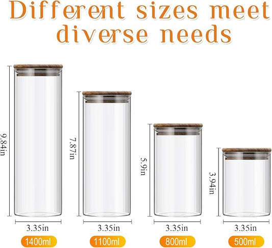 24 Pcs Glass Storage Jar with Acacia Wooden Lid, 4 Sizes Food Storage Container Clear Stackable Canister Airtight Glass Jar for Candy Cookie Rice Sugar Pasta 3.4''x4'', 6'', 7.9'', 9.8''