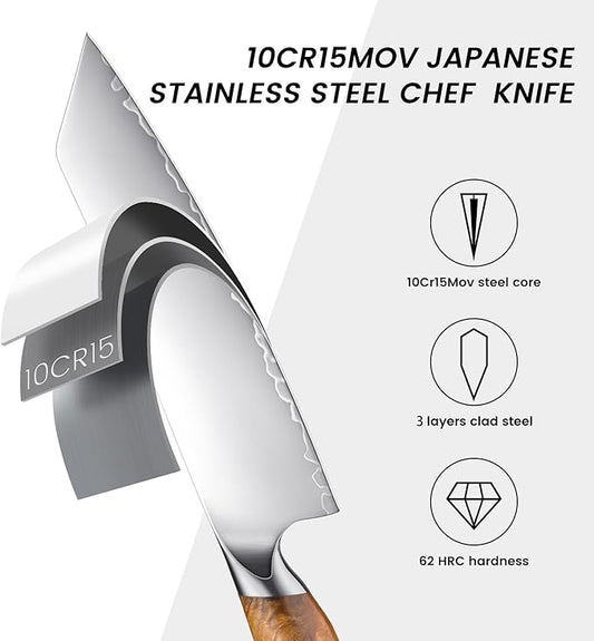 Chef Knife, 8-inch Hand Forged Professional Kitchen Knife with Japanese 10Cr15MoV Stainless Steel Gyuto Knife with Blue Ergonomic Handle, Razor-Sharp Cooking Knife in Gift Box
