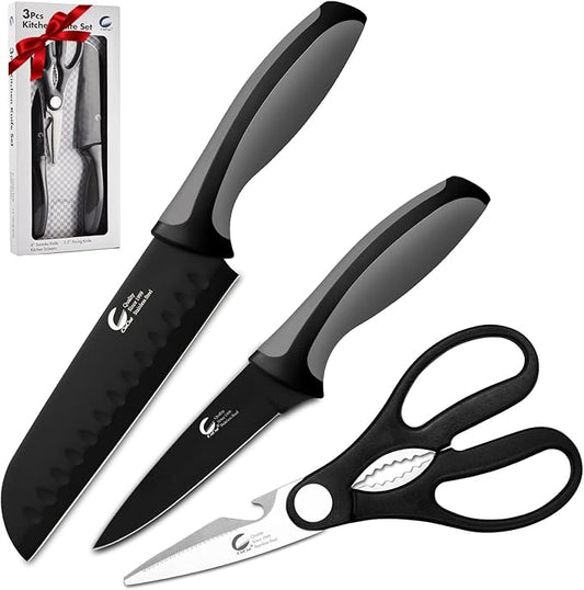 Kitchen Knife, 3-Pcs Black Knives Set with Multifunctional Kitchen Scissors, 6'' Santoku and 4'' Paring Knife for Chef Paring Cutting Slicing Dishwasher Safe (Anti-Slip Handle)
