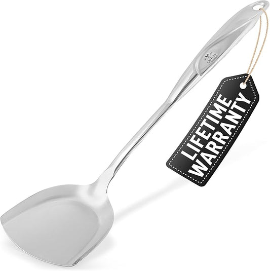 Zulay Kitchen Stainless Steel Metal Wok Spatula - Durable Wok Turner Spatula Shovel - Durable Utensil with Ergonomic, Easy to Use Handle - Easy to Clean, Perfect for at Home Cooks & Chefs - 14.8”