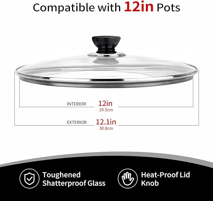 Round Tempered Glass Pot Lid Replacement - 12 Inch (29.5cm Inner Diameter / 30.8cm Outer Diameter), Universal Slow Cooker Lid for 10-12 Quart Pots and Dutch Ovens, Heat-Resistant Clear Cover
