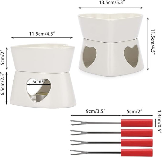 BSTKEY White Ceramic Butter Warmer Set, Heart Shaped Fondue Pot Melting Pot Set, Melt Hot Pot Bowl Set for Cheese Chocolate Butter Caramel, with 4 Forks