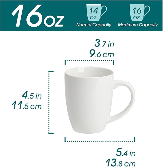 vancasso White Ceramic Coffee Mug Set of 6, 16 Oz Tea Cups with Handle for Latte, Tea, Cappuccino, Milk, Cocoa, Microwave&Dishwasher Safe