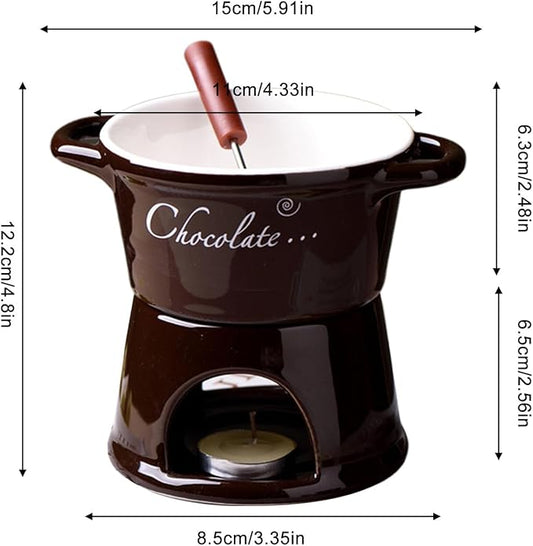 Chocolate Fondue Mug - 330 ml Ceramic Chocolate Melting Cup | Ceramic Personal Fondue Coffee Mug Warmer with Fork | Handmade Melting Butter Warmer for Appetizer Dessert Cheese (Brown)