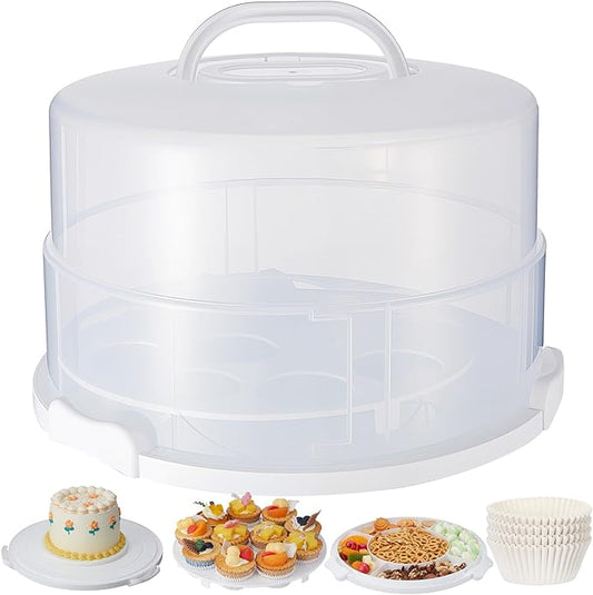 12 Inch Large Cake Carrier with Lid and Handle for 12" Round 7" High Cake Adjustable Plastic Pies Carrier Portable Cupcakes Transport Container for Cookies Pizza and More(White)