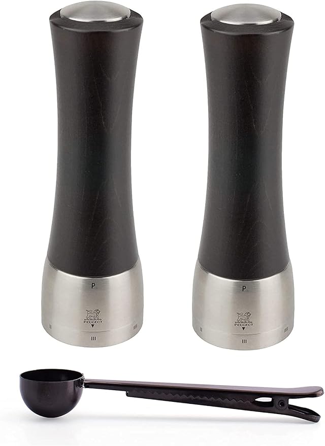 Peugeot Madras U'Select Shaftless 8-Inch Zirlion Salt & Pepper Mill Gift Set, Chocolate - With Stainless Steel Spice Scoop & Clip
