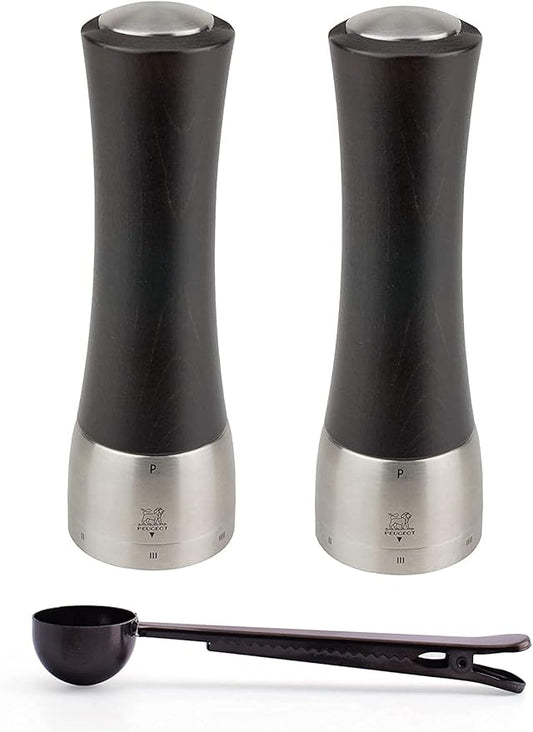 Peugeot Madras U'Select Shaftless 8-Inch Zirlion Salt & Pepper Mill Gift Set, Chocolate - With Stainless Steel Spice Scoop & Clip