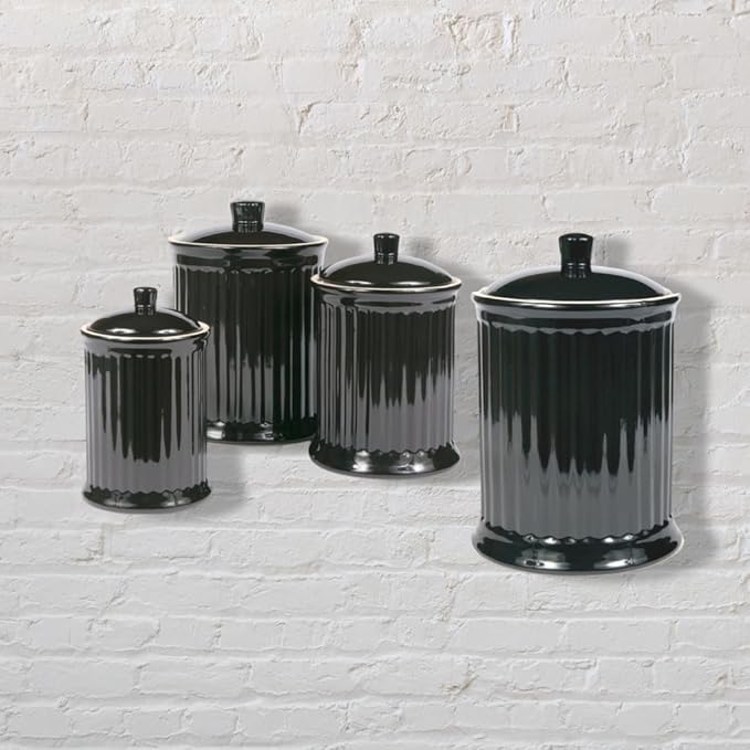 Omniware Simsbury 4-Piece Canister Set - Stoneware Kitchen Storage with Silicone-Sealed Lids, Lead-Free Glaze & Dishwasher Safe - Rustic Farmhouse-Style Flour & Sugar Containers (Black)